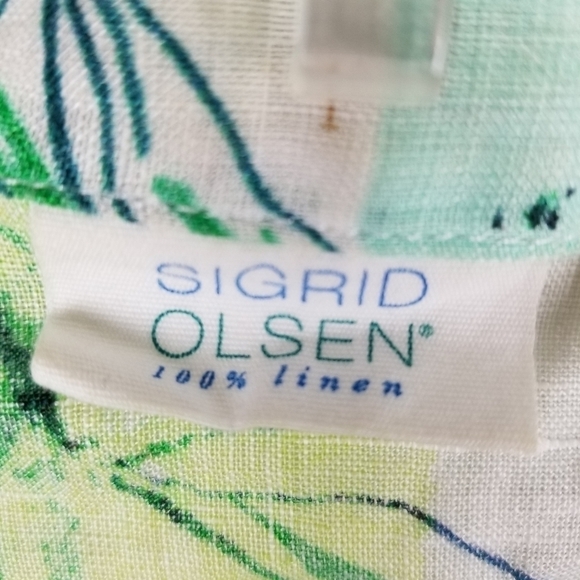 Sigrid Olsen Linen Top Blouse Large Short Sleeve Button Tie Tropical Cropped - Picture 6 of 9